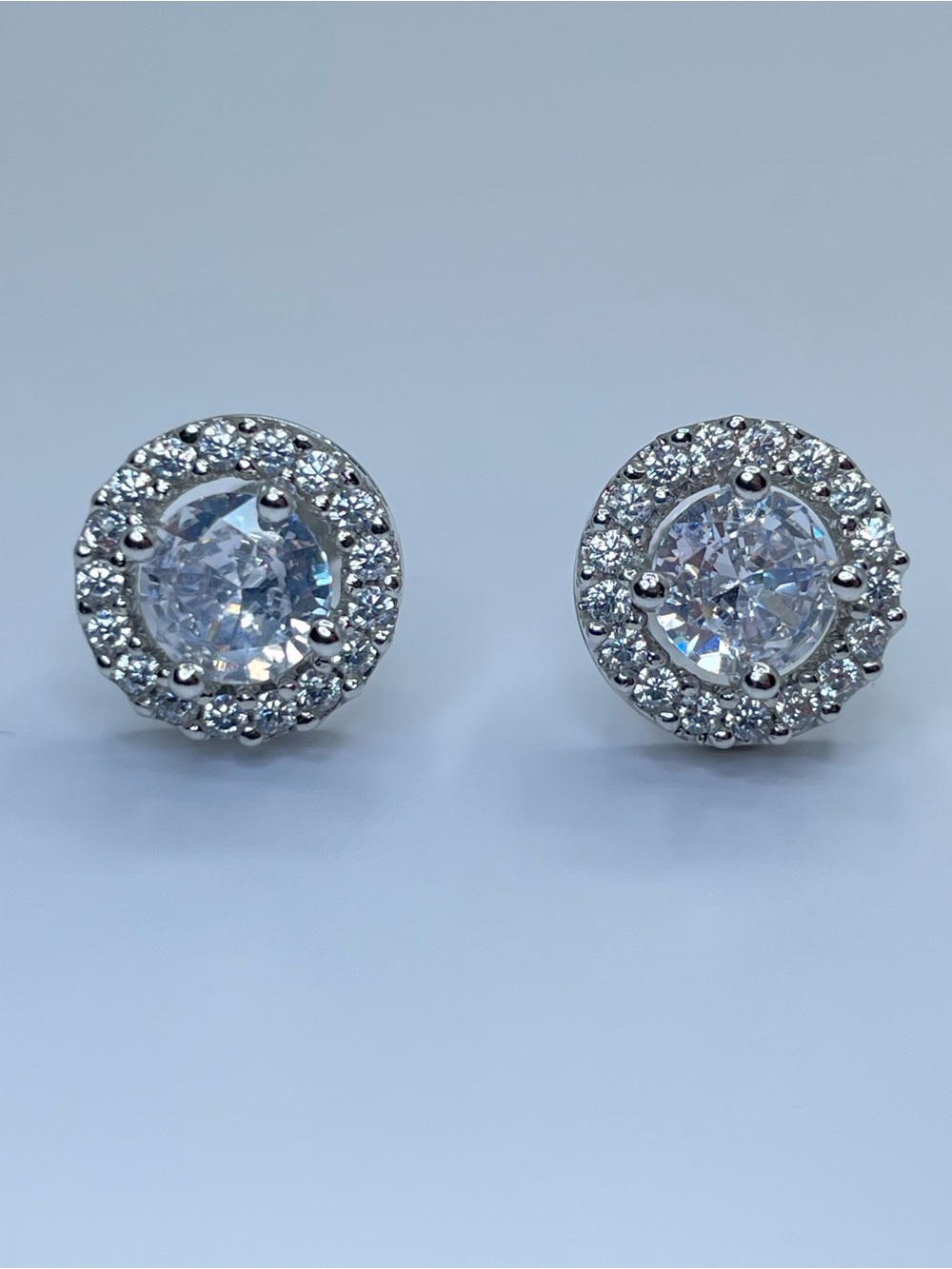 Silver Diamond White Halo Crystal Glass Stud Earrings Classic Sparkle Glam
